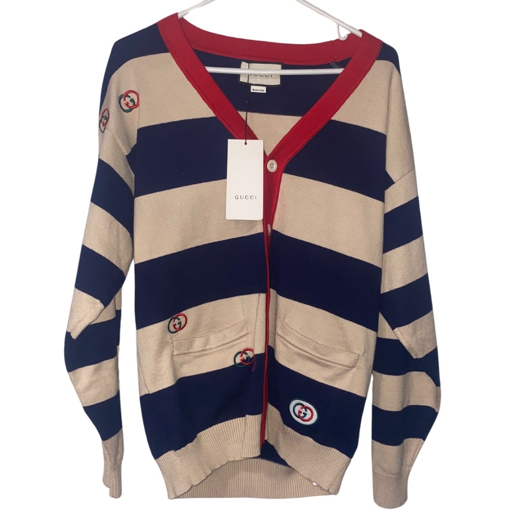 Authentic Gucci Striped Cardigan Beige & Navy with Red Trim -Size XL (No Papers)